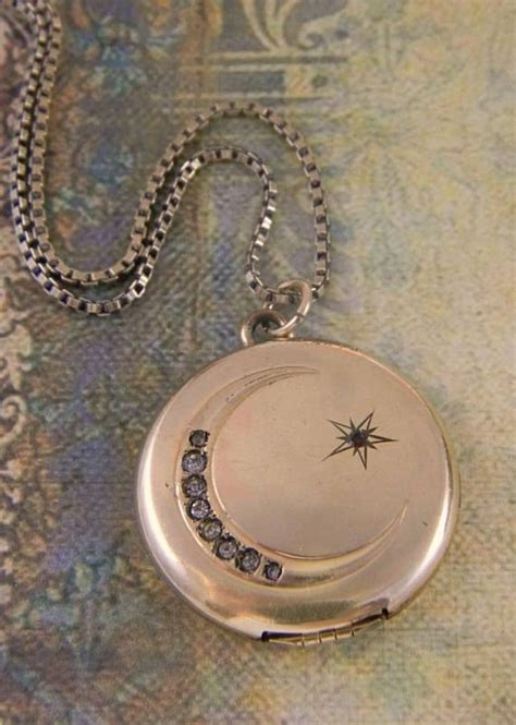 Antique Crescent Moon And Star Locket Necklace Art Nouveau Locket