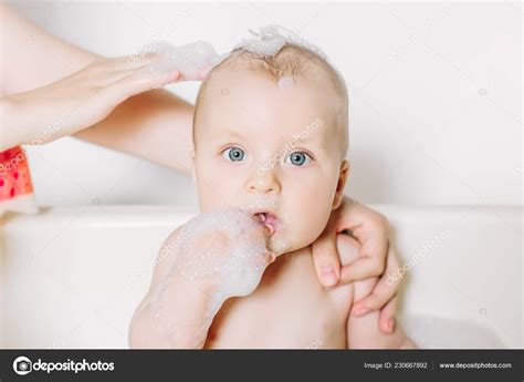 Happy Laughing Baby Taking Bath Playing Foam Bubbles Little Child Stock