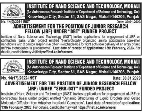 Nano Science And Tech Institute Mohali Recruitment Out For Jrf