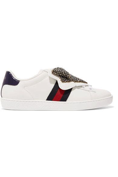 Gucci Ace Crystal Embellished Watersnake Trimmed Leather Sneakers In