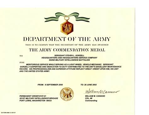 Army Good Conduct Medal Certificate Template Sample Professional