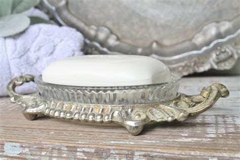 Antique Soap Dish Glass Brass Footed Tray Farmhouse Decor Fixer Upper Decor Italian
