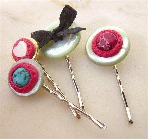 Vintage Buttons And Stones Bobby Pins Set Of Four Vintage Buttons