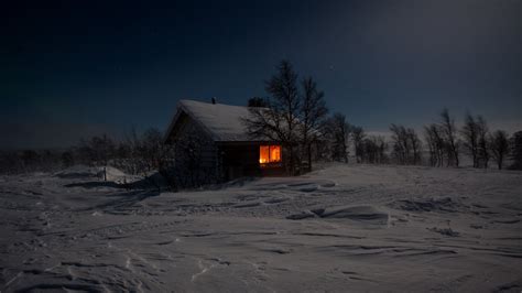Cabin On A Winter Night Hd Wallpaper Background Image