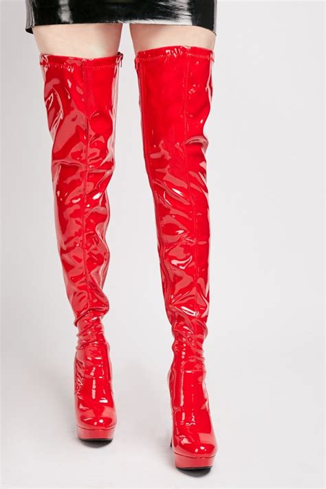 Red Vinyl Thigh High Boots Just 6