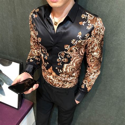 2018 Gold Flowers Printed Shirts Mens Baroque Shirts Luxury Men Shirts