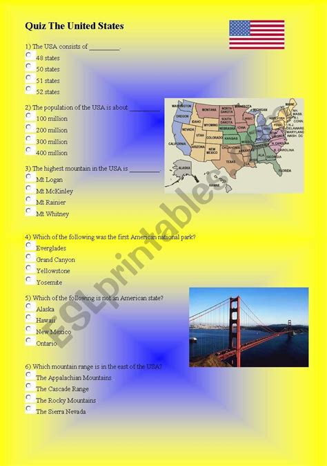 Quiz The United States Esl Worksheet By Michaelarehakova1