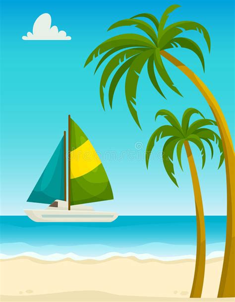 Seascape With Sand Beach Palms And Yacht Cartoon Vector Illustration