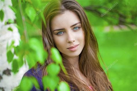 Russian Beauty Young Brunette Girl At A White Birch Stock Photo By