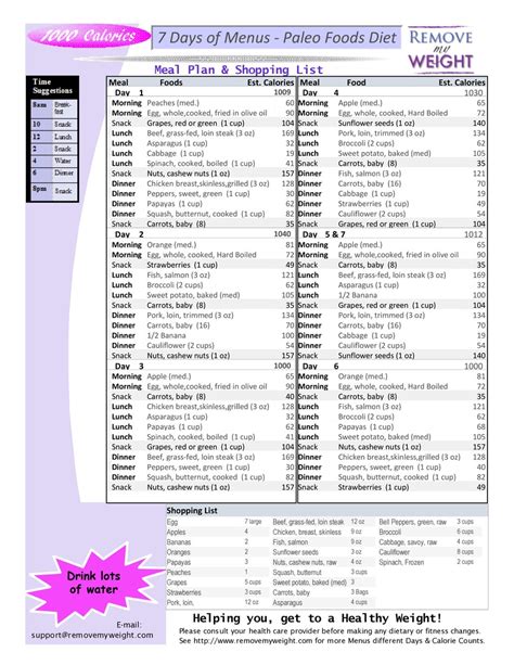 1000 Calories A Day Paleo Diet Free Printable And Shopping List