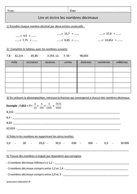 Lire Et écrire Les Nombres Décimaux Cm1 Exercices Corrigés