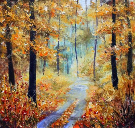 Road In The Autumn Forest Original Oil Painting — Stock Photo