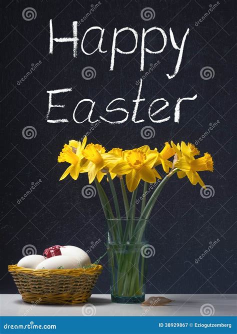 Happy Easter Daffodil In A Glass With Eggs Stock Image Image Of