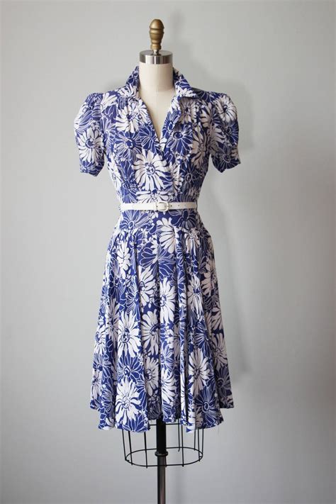 1930s Dress Vintage 30s Dress Blue White Rayon Deco Floral Etsy