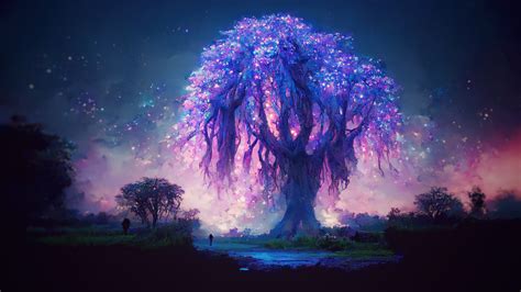 Wallpaper Magic Tree Berpijar Pemandangan Warna Warni Kunang Kunang Pohon Seni Fantasi