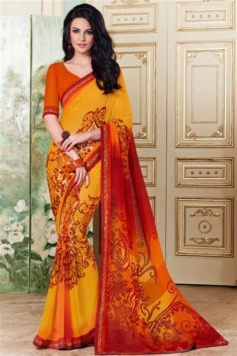 Attractive Yellow Color Printed Saree Saree Designs Indian Women