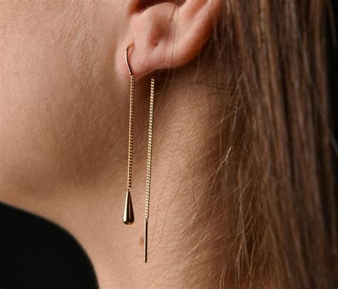 K Gold Chain Earrings Threader Earrings Multiple Double Piercing
