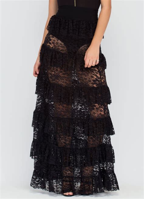 Tier Up Ruffled Floral Lace Maxi Skirt Black Maxi Lace Skirt Clothes