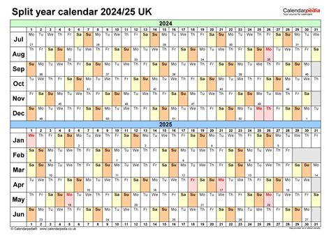 Split Year Calendars 202425 Uk July To June For Pdf