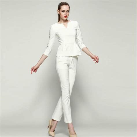 Fashion Stretch Cotton Women White Pant Suits Three Quarter Sleeve