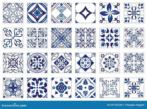 Blue And White Tile Seamless Patterns Set Stock Vector Illustration