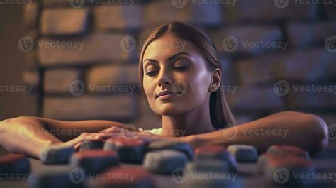 Hot Stone Massage Beautiful Young Woman Lying On Front While Massage Therapist Massaging Her