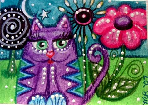 A Painting Of A Purple Cat Sitting In The Grass With Flowers On Its Side
