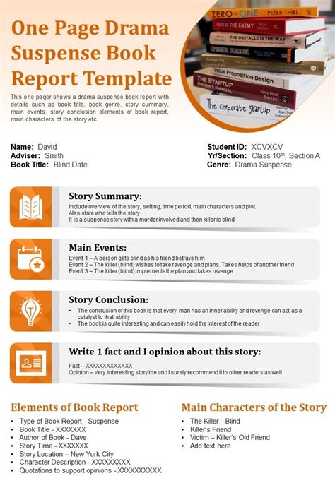 One Page Drama Suspense Book Report Template Presentation