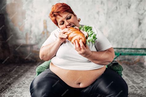 mujer gorda se sienta en una silla y come sándwich bulímica foto premium