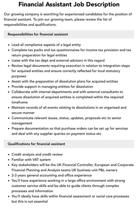 Financial Assistant Job Description Velvet Jobs