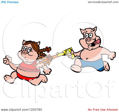 Cartoon Of A Male Pig Chasing A Female With A Bbq Sauce
