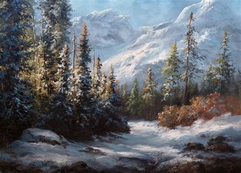 Snowy Mountain Forest Original Oil Painting