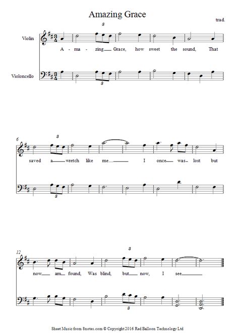 Free sheet music, scores & concert listings. Amazing Grace sheet music for Violin-Cello Duet - 8notes.com