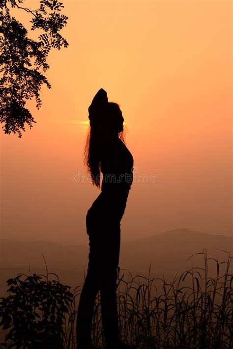 Silhouette Woman And Orange Sunset Stock Photo Image Of Body Sunset
