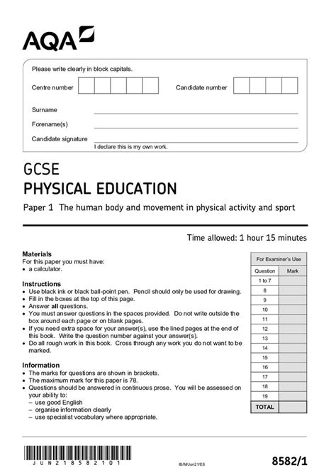 AQA GCSE PHYSICAL EDUCATION 8582 1 Paper 1 The Human Body And Movement