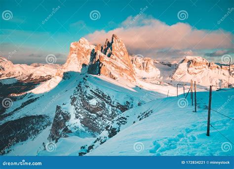 Seceda Mountain Peaks In The Dolomites At Sunset In Winter South Tyrol