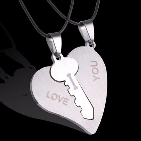 I Love You Couple Necklaces 1 Pair Lock Key Matching Heart Stainless