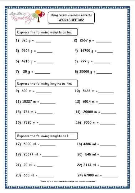 grade  maths resources   decimals  measurements printable