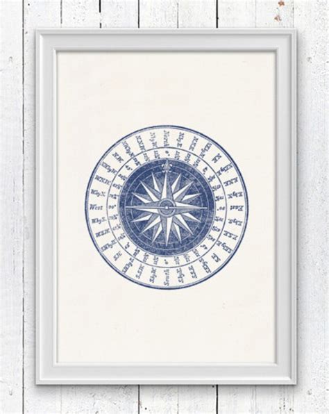 vintage compass rose in blue nautical print poster sea etsy