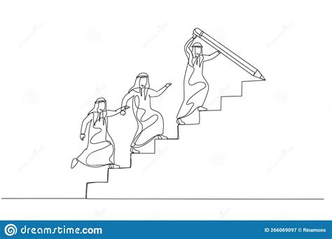 Drawing Of Businesswoman Draw Stair With Pencil To Lead Team Walk Up