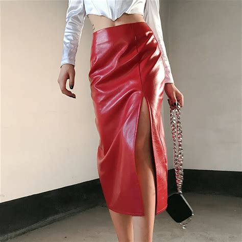 New Women Pu Leather Split Wraps Skirts High Waist Slim Fit Elegant Red Bottom Skirts Ol Sexy