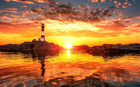 Sunset Lighthouse Ocean Sea Rocks Stones Red Clouds 4k Wallpaper Hd