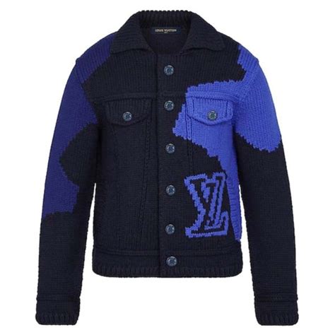 Louis Vuitton Lv Men Lv Intarsia Buttoned Jacket Denim Jacket Wool Blue Lulux