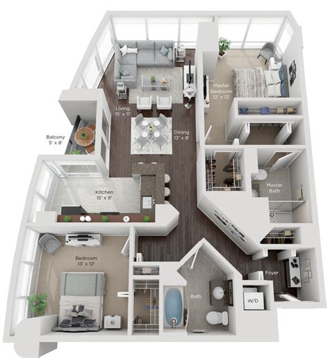 2 bedroom apartment floor plan with kitchen and living room