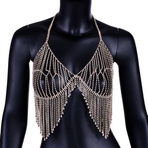 Women S Belly Bra Jewelry Rhinestone Body Tassel Chain For Bikini On