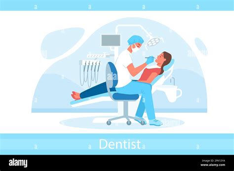 cartoon doctor dentist character in mask holding dental instrument and examining patient teeth
