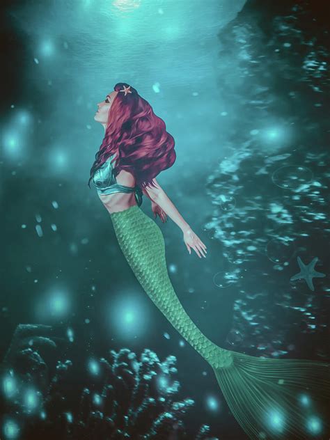 A Beautiful Mermaid Is Swimming To The Sea Surface From The Bott