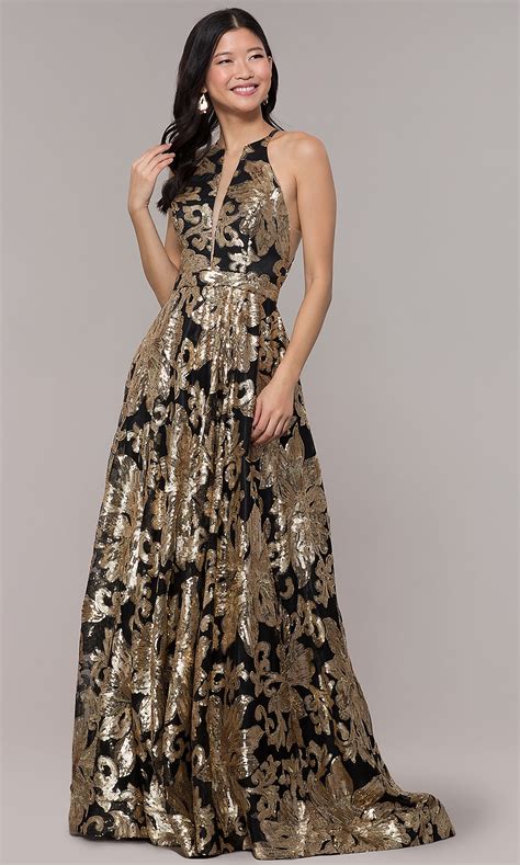 Long Gold Sequin High Neck Black Prom Dress Promgirl