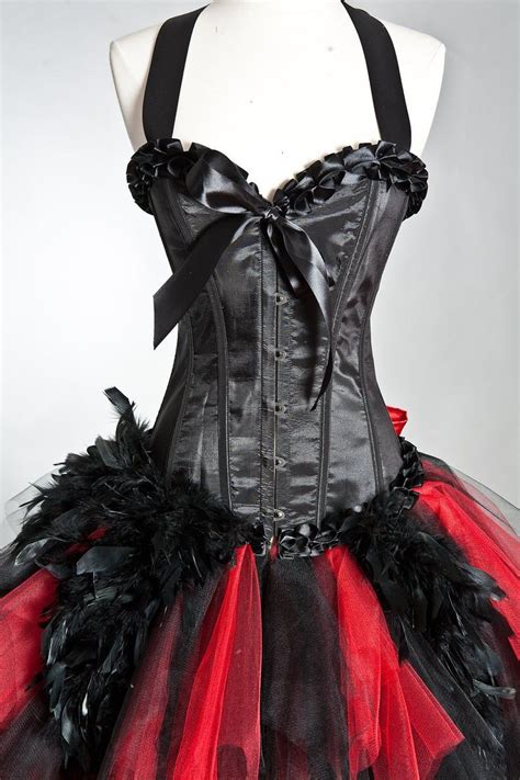 Custom Size Red And Black Feather And Tulle Burlesque Corset Prom Dress With Red Satin Bow Small