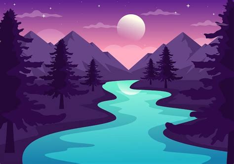 Premium Vector River Landscape Illustration With View Mountains And